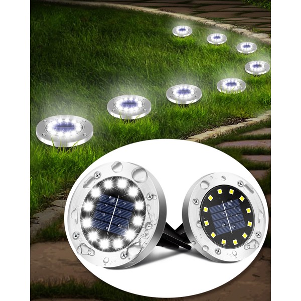 Coroor Solar Ground Lights, 12 LED Waterproof Garden Lights Outdoor Bright In-Ground, Solar Disk Lights Outdoor Decorations for Pathway Yard Lawn Patio Walkway Pool(8 Packs White)