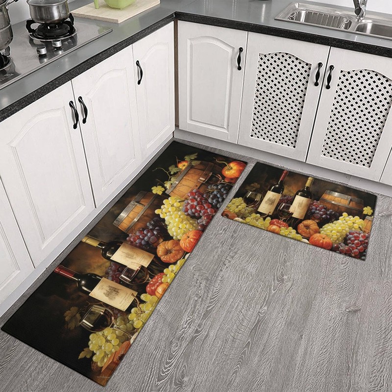 Red Wine Kitchen Rugs Sets of 2, 3D Grapes Farmhouse