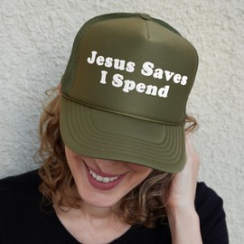 NACRE APPAREL Jesus Saves I Spend Puff Print Trucker Hat Foam Vinyl Adjustable Trucker Hat Black #241