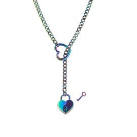 Heart O-ring Slip Chain Choker Necklace for Women Stainless Steel Cuban Chain Heart Necklace Punk Rock Collar Necklace Adjustable Lariat Y Necklace for Men (Multicolor lock)