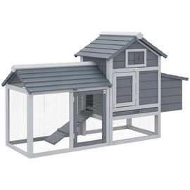 PawHut 59" Small Wooden Chicken coop Hen House Poultry Cage for Outdoor Backyard with 2 Doors, Nesting Box and Removable Tray, Gray