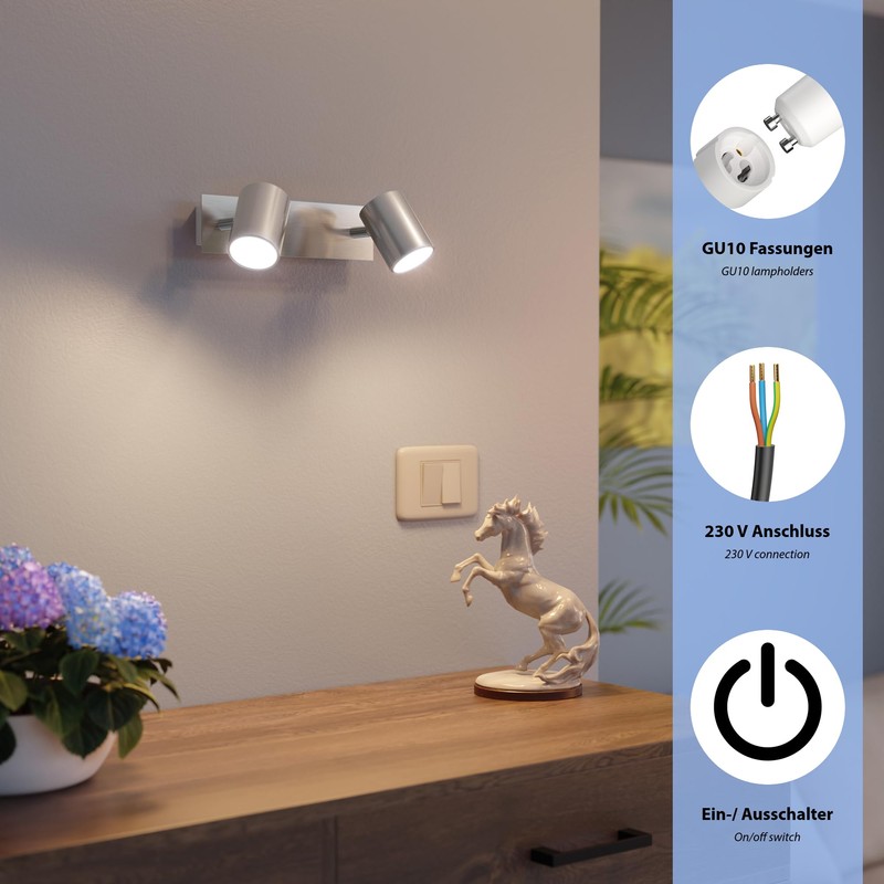 ledscom.de Wall lamp WAIKA, Two-Flame, with Switch, matt Chrome, incl.