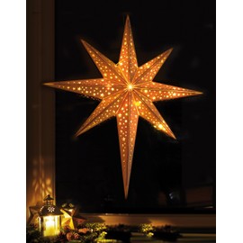 LED Star Made of Wood, Illuminated with 10 LEDs, Wireless, incl. Remote Control, 40 cm or 52 cm, Various Patterns, Window Star, Wooden Star, Christmas Decoration, Advent Star