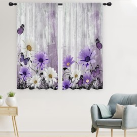 EGLGCC Purple Floral Curtains Farmhouse Flower Retro Rustic Country Lavender Daisy Wooden Plant Butterfly 42W x 63L Inches Rod Pocket for Bedroom Living Room Window Drapes Treatment Fabric 2 Panels
