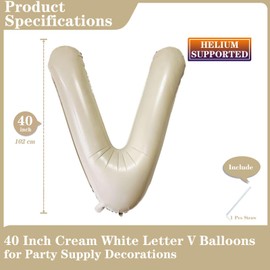 Cream White Letter V Balloons, 40 Inch Giant Letter Balloons V Foil Mylar Helium White Letter Balloons for Birthday Party Supplies Anniversary Event Celebration Decorations Alphabet White V