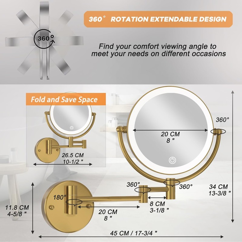 Hardwired Bathroom Makeup Mirror Wall Mount Gold, Double Sided 1/10X