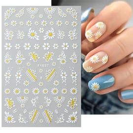 8 Sheets Flower Nail Art Stickers White Gold Flowers Nail Decals Summer Daisy Flowers Nail Sticker Geometric Lines French Decals Cute Leaves Butterfly Adhesive Nail Sliders DIY Nail Decor for Women