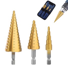3pcs HSS Step Drill Bits Set, Titanium Step Drill Bits, Hex Shank Spiral Stepped Cone Drill Bit 4-12mm 4-20mm 4-32mm, for Metal Plastic Wood Hole Cutting, High Speed Steel Cutter Kit with Carry Pouch