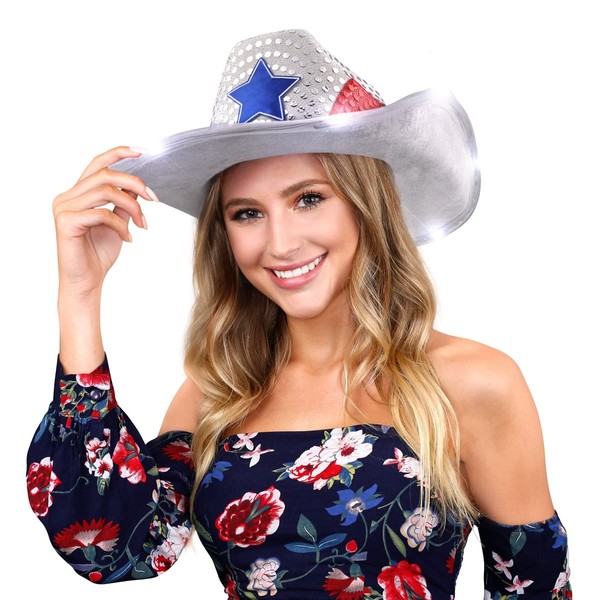FlashingBlinkyLights Red White and Blue Sequin Light Up LED Cowboy Hat with White LED Brim