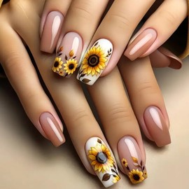 Flower Press on Nails Medium Coffin Nails Press ons with Cute Sunflower Design Stick on Nails Glossy Summer Fake Nails Nude Handmade Artificial Acrylic Glue on Nails for Women Girl Manicure 24Pcs