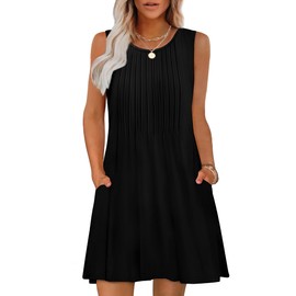 OFEEFAN Summer Dresses for Women 2025 Casual Spring Fashion Beach Vacation Clothes Pleated Loose Sleeveless Sundress Easter Dresses Black L
