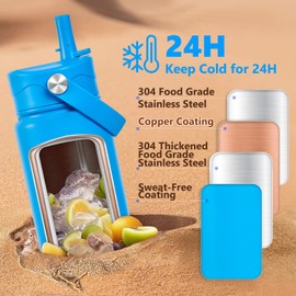 Insulated Water Bottle with Lid & Boot & Stickers, 24 oz Stainless Steel Sweat Free Bottle Keep Cold 24H, BPA-Free Sports Wide Mouth Water Bottle, Blue