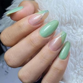 Press on Nails Almond Medium Fake Nails Tender Green False Nails with Silver Line Designs Full Cover French Tip Stick on Nails for Women 24PCS