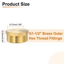 sourcing map Brass Outer Hex Thread Fittings, G1-1/2 Male Brass Plug Male Threaded Socket Pipe Plug Fitting Brass Plugs Fitting Hex Head Plug for Water Oil Gas