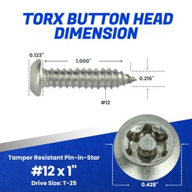 Fastenere Torx Security Sheet Metal Screws - #12 x 1" (25-Pack) Button Head, Tamper-Resistant, Anti Theft Stainless Steel Screws for Higher Level of Safety & Secure Fastening Solution