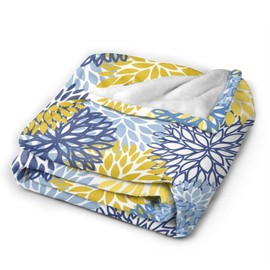 Abucaky Blue Yellow Navy Chrysanthemum Flowers Fleece Throw Blanket Ultra Soft Cozy Decorative Flannel Blanket All Season for Home Bed Couch Chair Travel 60x50in