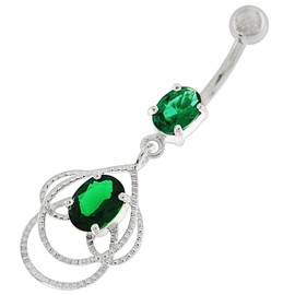 Dark Green Cz Gemstones Fancy Celtic Design Dangling 925 Sterling Silver with Stainless Steel Belly Ring - Belly Button jewelry - Navel jewelry