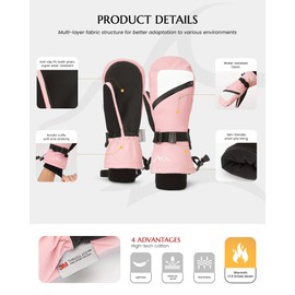 Caracaleap Ski Gloves Winter Gloves Men Women Winter Snow Mittens Waterproof Winter Gloves Pink M-L