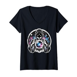 Womens Mystical Figure Gazing At Crystal Ball With Cosmic Elements V-Neck T-Shirt