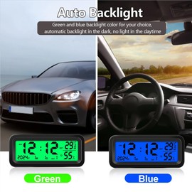 Car Dashboard Clock with Automatic Backlight at Night(Green & Blue), Temperature and Humidity Monitor, 12/24 Hour Format Time, Calendar, Solar Power and Type C Cable Charging for Car Truck