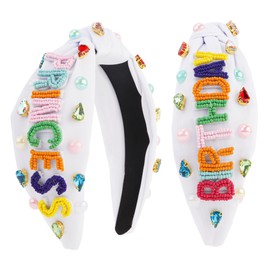 COCIDE Birthday Princess Headbands for Women Knotted Headbands for Women Pearl Wide Plain Turban Colorful Beads Hairbands Fashion Cross Knot Hair Bands with Crystal and Rhinestones (White, one size)