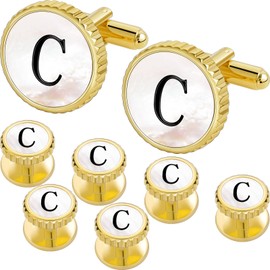 Tuxedo Studs and Cufflinks Set, Gold Cuff Links Mens and Tuxedo Shirt Buttons Initial Tux Studs Personality Mother of Pearl Tuxedo Studs Suit Accessories for Formal Shirt Kit Business Wedding