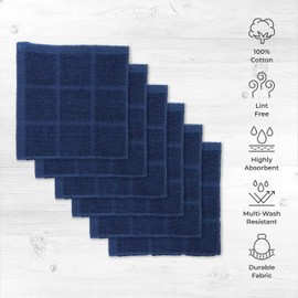 Mellow Buff 100% algodón de rizo liso, paquete de 6 unidades de 12 x 12 pulgadas, súper suave y absorbente, perfecto para limpieza de cocina y lavado de platos, azul marino