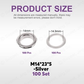Swpeet 200Pcs - 100Sets 9/16" (14mm) Hole Silver Grommets Thicken Stainless Steel Grommet Kit, Metal Eyelets Kits Grommets Eyelets for Repairing Canvas, Leather, Curtains