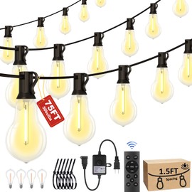 Porbench 75FT Outdoor String Lights Waterproof with 50+4 Bulbs (1.5FT Bulbs Spacing), Remote & Dimmer, Commercial Patio String Lights with 3 Mode Light & Timing, 100PC Mounting Ties for Outside