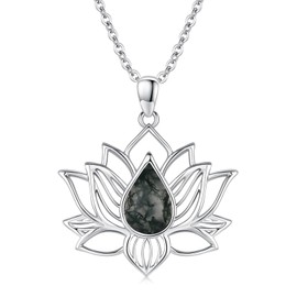 Midir&Etain Lotus Necklace for Women 925 Sterling Silver Moss Agate Flower Pendant Necklaces Jewellery Inspirational Birthday Gifts for Girls Lovers Friend