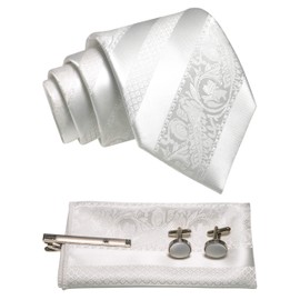 JEMYGINS Striped Luxury Necktie with Clip, Cufflinks and Pocket Square, Gift for Business, Job Hunting, Wedding, School Entrance Ceremonies, Graduations, After-Parties, Father's Day, Gift Box Included, Pure White, M