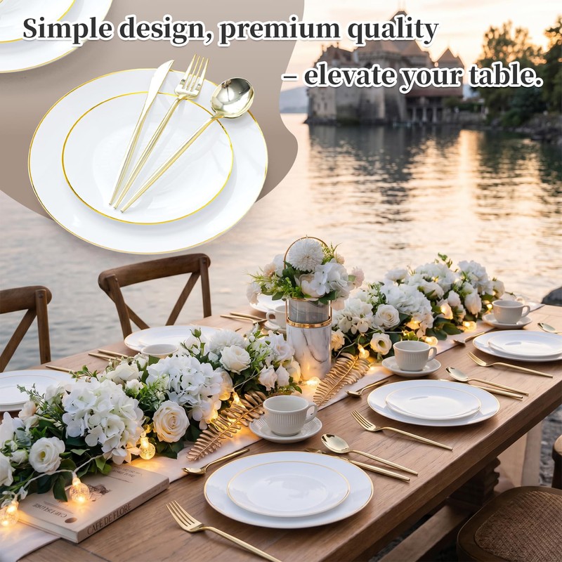 N9R 150PCS White Plastic Plates with Disposable Silverware Set, Gold