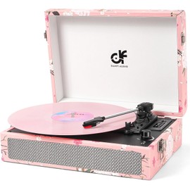 Vinyl Record Player Bluetooth with Built-in Speakers, Vintage Portable Suitcase Turntable 3-Speed with USB Recording Headphone/RCA/AUX Jack for Muisc Record Player Pink Floral
