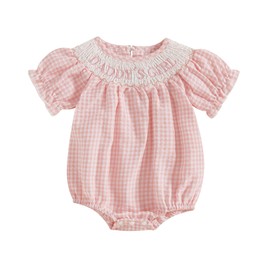 FIOMVA Daddys Girls Baby Clothes Summer Smocked Bubble Romper Embroidery Onesie Short Sleeve Bodysuit Cute Fathers Day Outfits(Pink Daddys Girl, 18-24 Months)