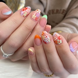 Almond Daisy Press on Nails Colorful French Tip Spring Fake Nails Medium Length Acrylic False Nails with Small Flowers Design Reusable Artificial Nails Press ons Flower Glue on Nails for Women 24Pcs