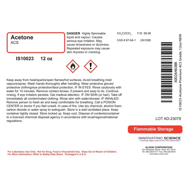 Anhydrous Acetone, 12oz - ACS Grade - 100% Acetone -