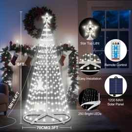 AMIPEPE 6ft Solar Christmas Tree Lights Outdoor, 250 LEDs Remote Control 8 Modes IP65 Waterproof Cone Tree with Timer, USB Backup for Yard Garden Holiday Decoration, Pure White