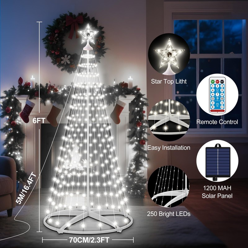 AMIPEPE 6ft Solar Christmas Tree Lights Outdoor, 250 LEDs Remote