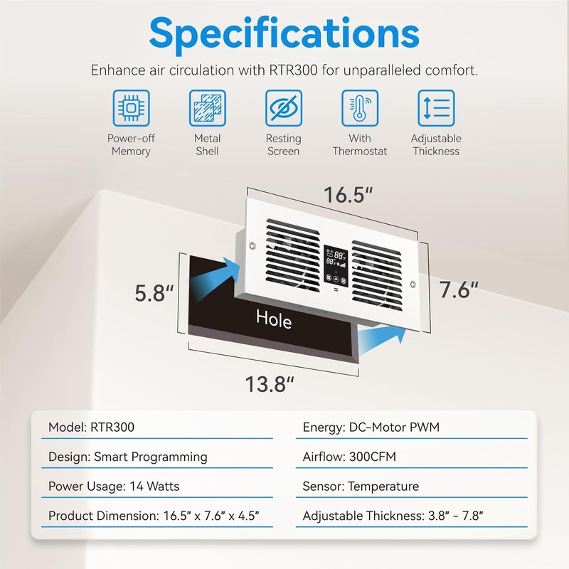 Room to Room Fan with Remote Control, 300CFM Through Wall
