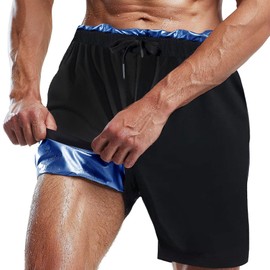 Pantalones cortos de sauna para hombre, pantalones cortos con cordón, pantalones cortos de sudor que atrapan el calor, traje de sauna para hombres, entrenamiento, gimnasio, ejercicio, Azul, 3X-Large