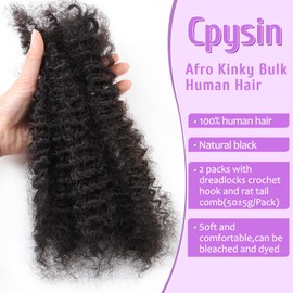 2 Packs Afro Kinky Bulk Human Hair 12 Inch 50g/Pack 100% Human Hair for Micro Locs,Mini Kinky Twist,Braiding Hair,Dreadlock Extensions,Repair Locs (Natural Black)