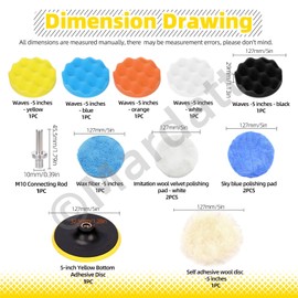 Mardatt 13Pcs 5" Car Polishing Pad Kit Includes Wave Foam Polishing Pads, 5 to 6 Inch Car Polisher Pad Bonnets, Microfiber Fast Finishing Pad, Hook and Loop Pad and Drill Adapter for Car Polishing