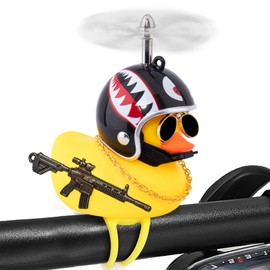 wonuu Rubber Duck Bike Bell, Squeeze Ducks with Helmet for Cycling Car Dashboard Decorations Motorcycle Bicycle Accessories (Silver-Shark)