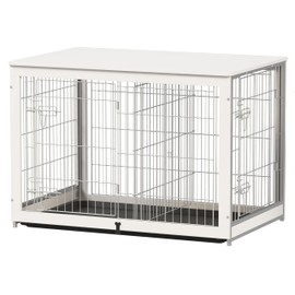 Piskyet Wooden Dog Crate Furniture with Divider Panel, Dog Crate End Table with Fixable Slide Tray, Double Doors Dog Kennel Indoor for Dogs(XL:43.2" L * 28.6" W * 30.3" H,White)