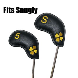 10pcs Golf Iron Covers 4 Leaf Clover Golf Iron Head Covers Synthetic Leather Golf Iron Covers Set Iron Headcovers Golf Club Head Covers for Iron Wedges fits for All Brand (Gold Clover-Black Base)