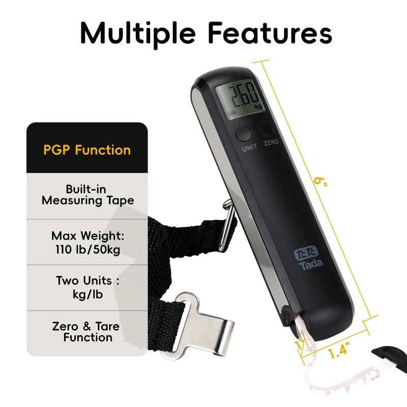TADA 110 lbs Travel Luggage Scale Battery-Free Portable Digital Hanging