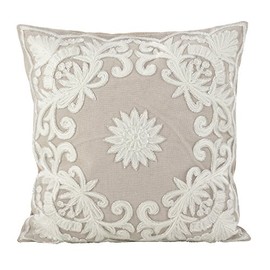 SARO LIFESTYLE Embroidered Floral Design Beaded Cotton Poly Filled Throw Pillow, 18", Ivory