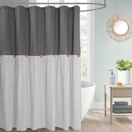 DOSLY IDÉES Farmhouse Shower Curtain,Beige and Gray Stripe,Button Curtain,Linen and Cotton Woven Fabric,Rustic Charm Country Chic Style,72x78 in