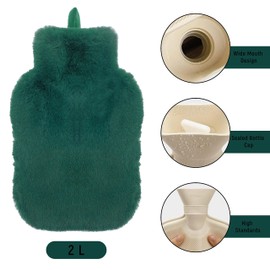 Olivia Rocco Hot Water Bottle with Luxury Super Soft Faux Fur Cover Large 2 Litre Thermotherapy Comfortable Feeling Warmer Winter Gift, Green