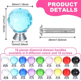 zisiueel 18 Pcs Crystal Drawer Pulls Cabinet Knobs 30mm Diamond Dresser Knobs for Dresser Drawers Kitchen Bookcase Wardrobe(Multicolored,Cute Style)